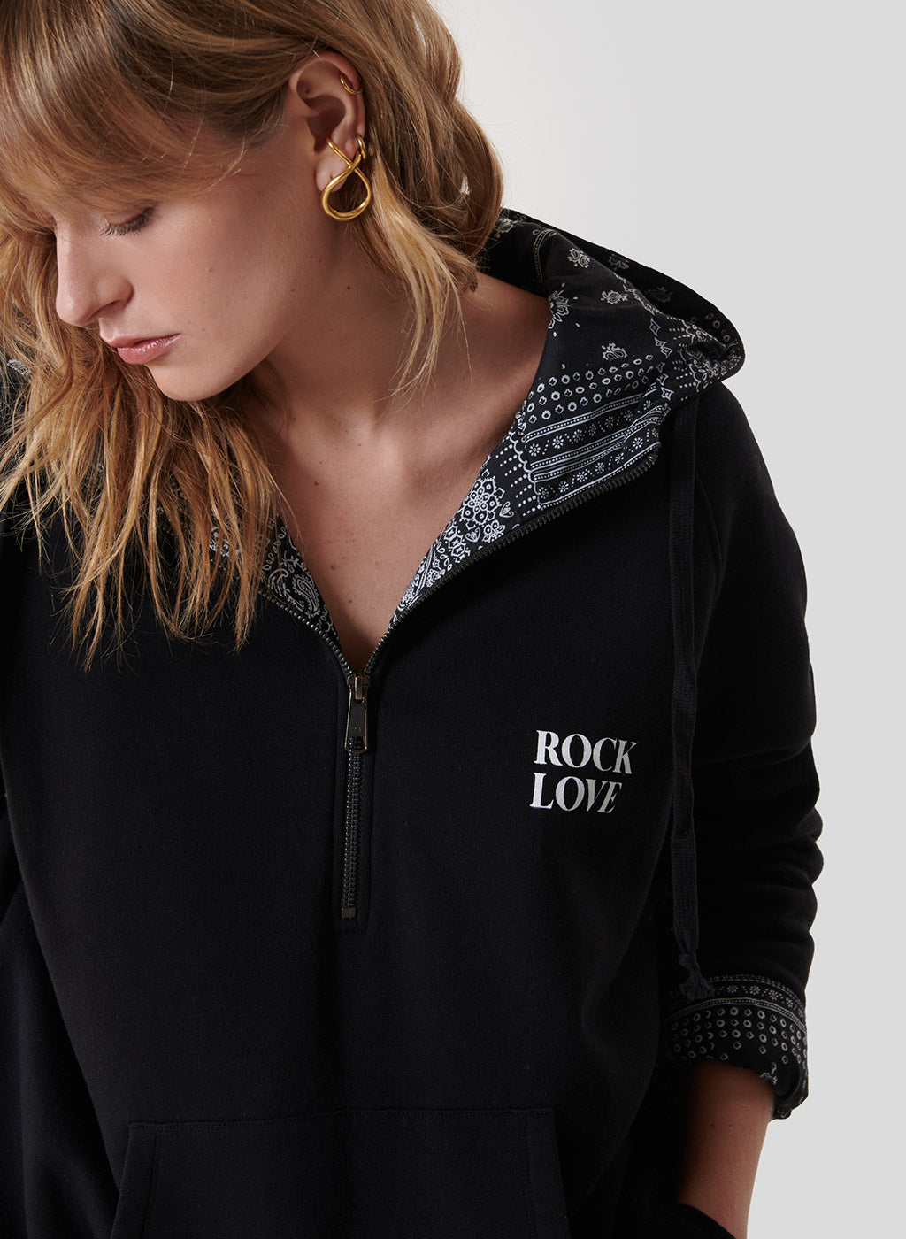 Hoodie Gaspar Zipper Rock Love Bandana Noir - Jeanne Vouland